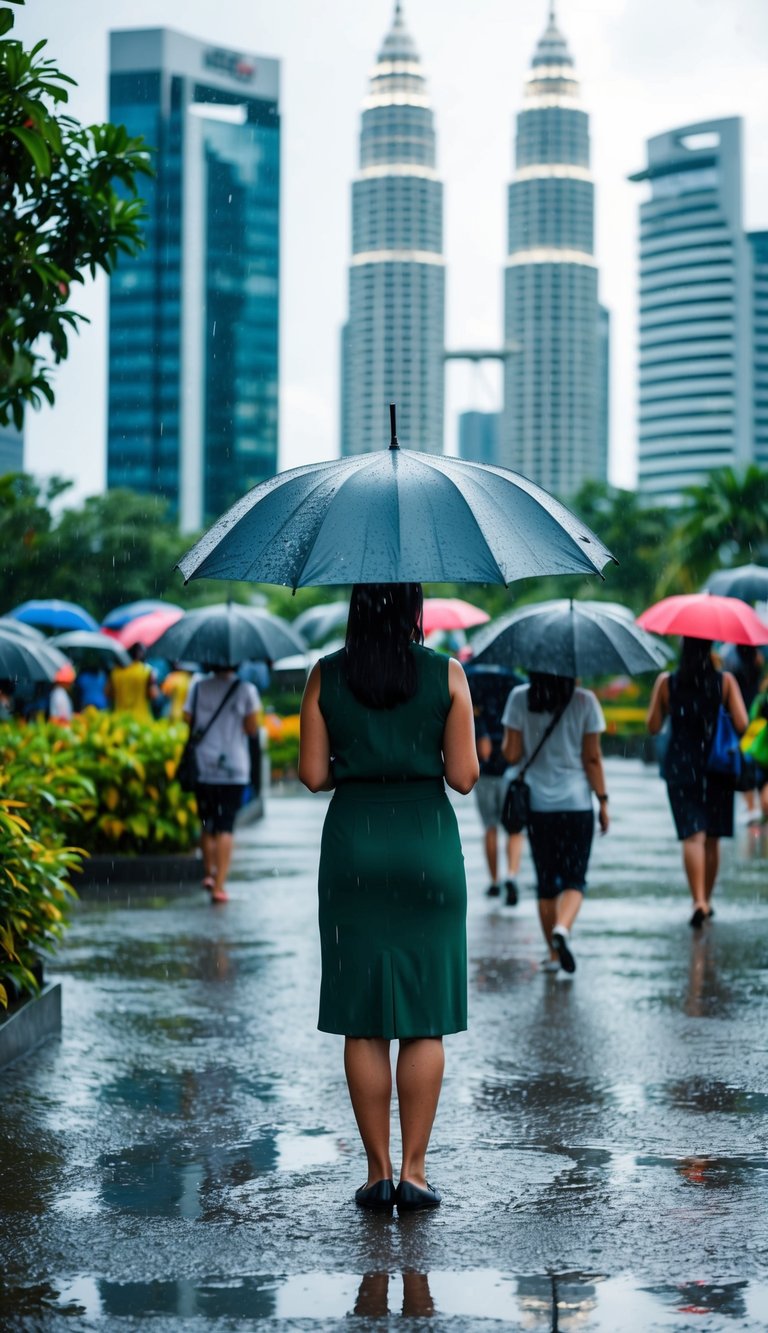 A rainy day in October in Kuala Lumpur, with umbrellas and puddles, but still manageable for visitors
