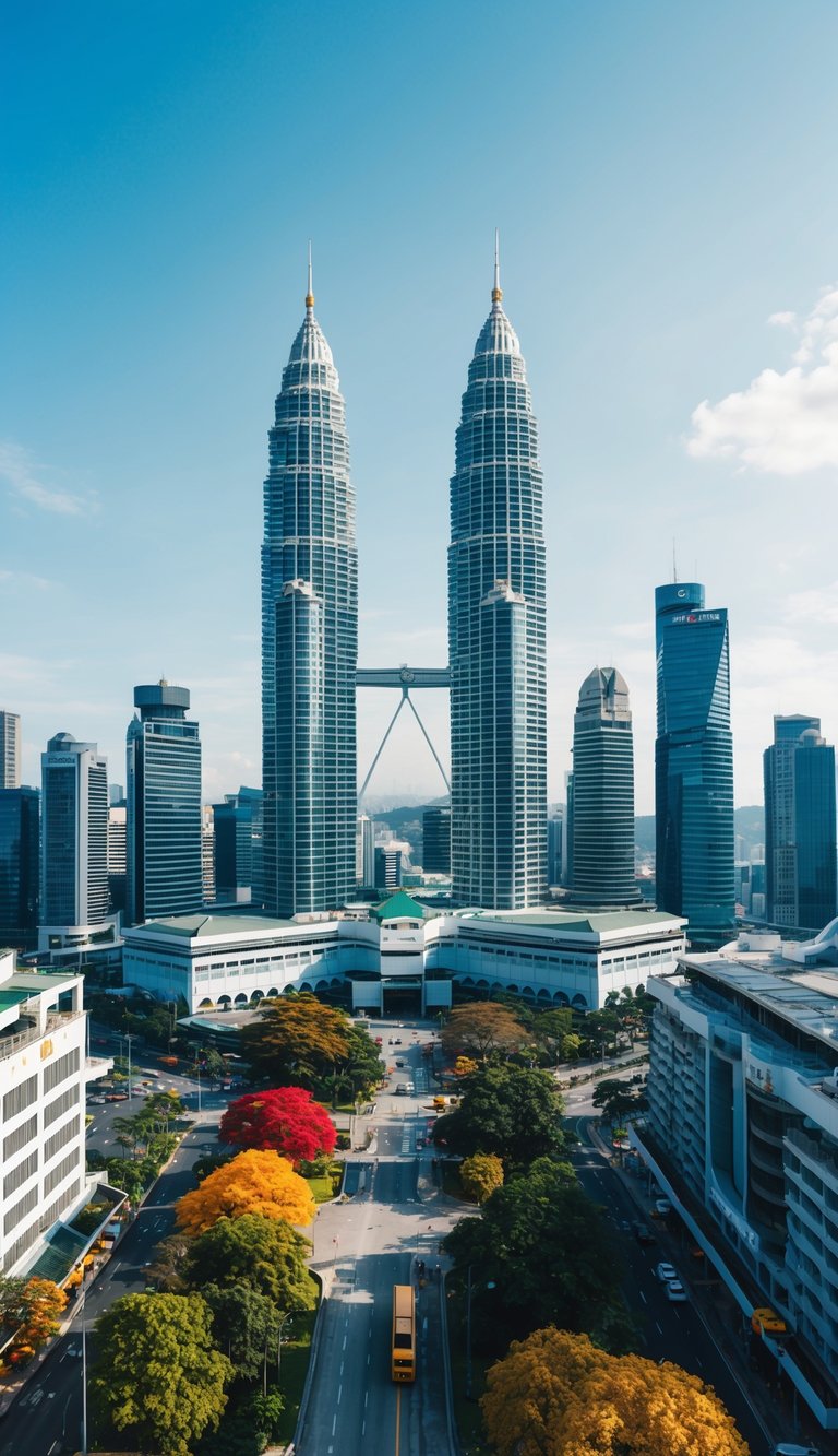 A bustling cityscape with vibrant fall foliage and clear skies, showcasing the iconic Petronas Twin Towers and the bustling streets of Kuala Lumpur