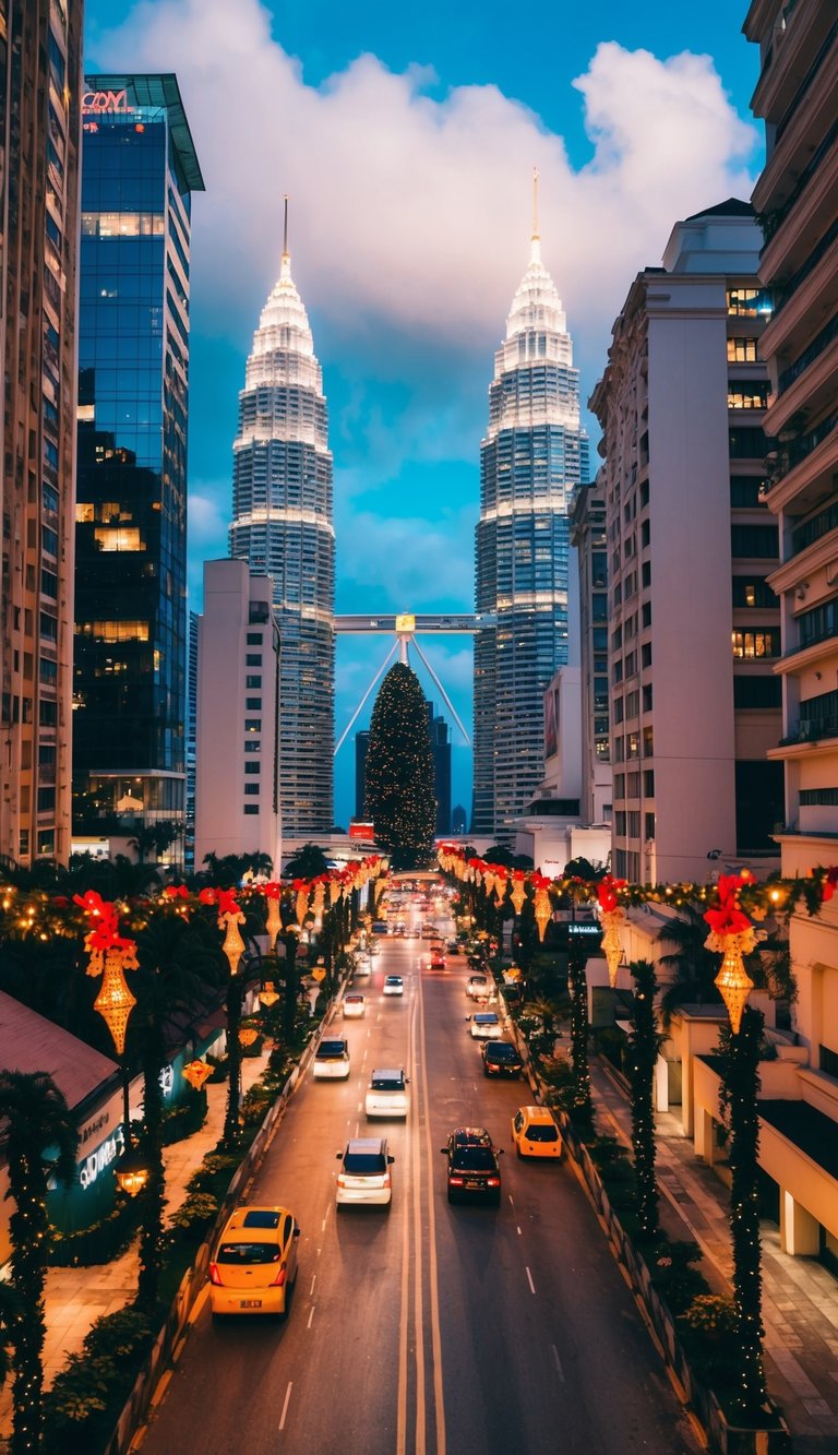 A vibrant cityscape of Kuala Lumpur in December, with festive lights and decorations adorning the streets and buildings