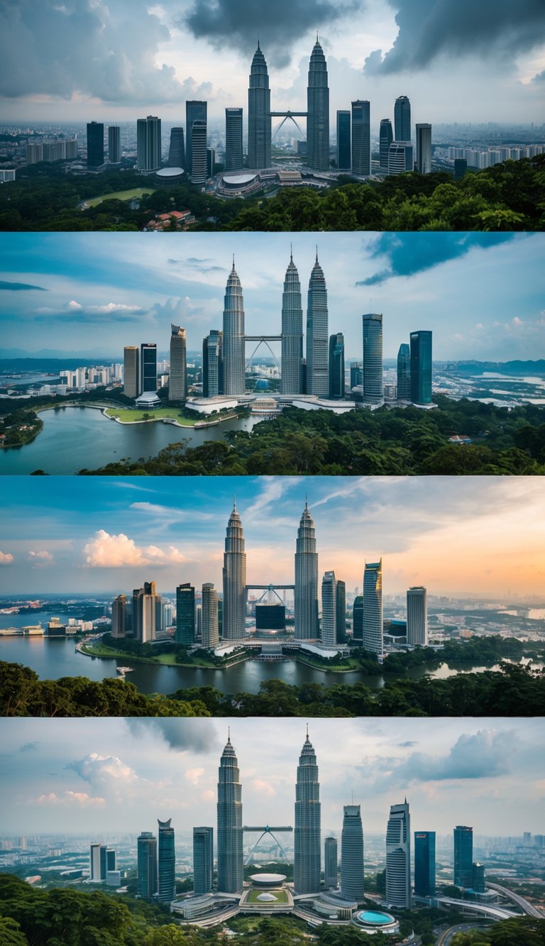 A panoramic view of Kuala Lumpur showcasing the different weather conditions and landscapes throughout the year, with iconic landmarks in the background
