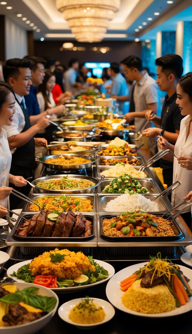 A bustling buffet spread with diverse cuisines and vibrant colors, surrounded by eager diners in a lively Kuala Lumpur setting