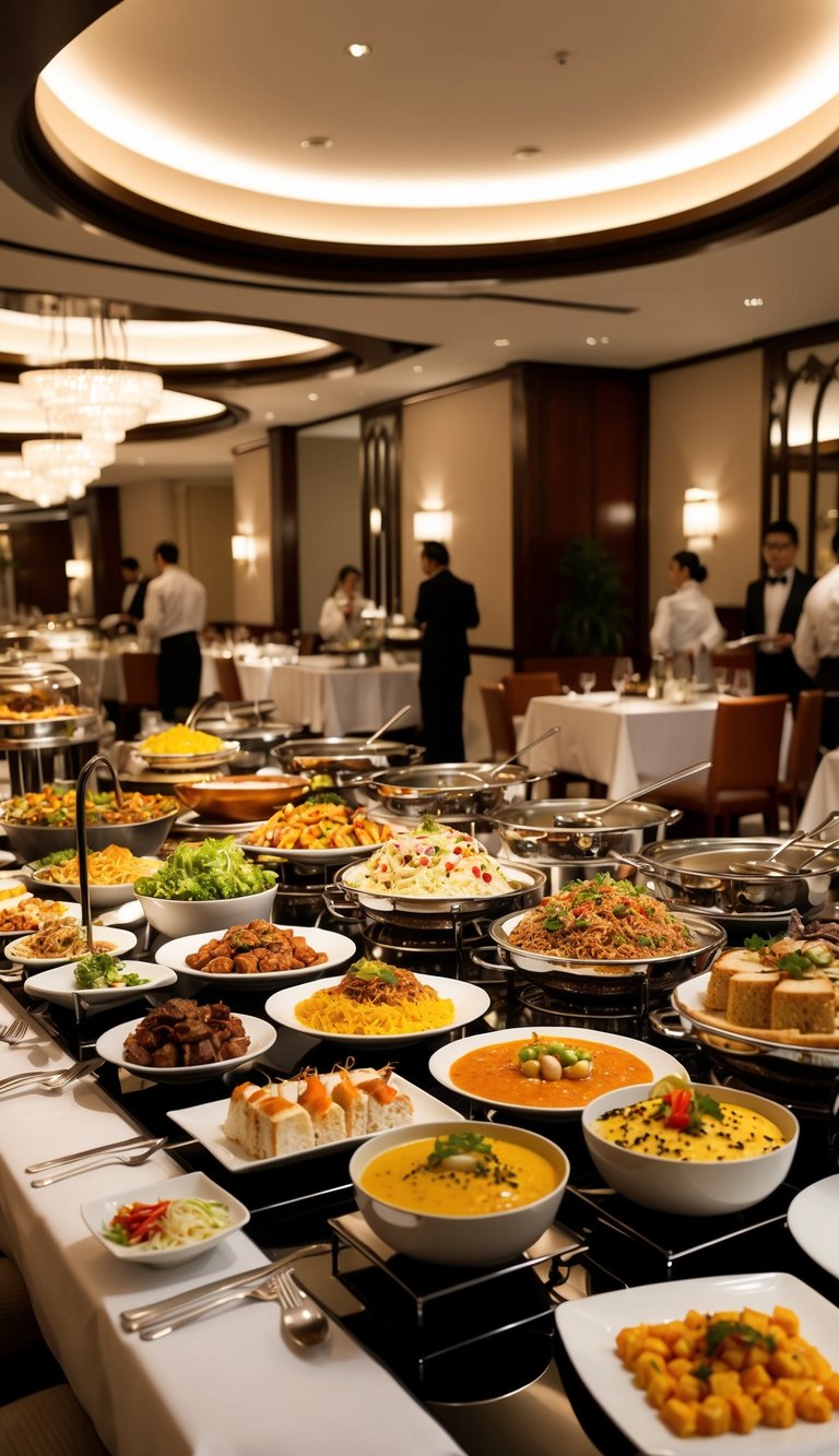 A lavish buffet spread with a variety of cuisines, elegant dining settings, and bustling atmosphere in Kuala Lumpur