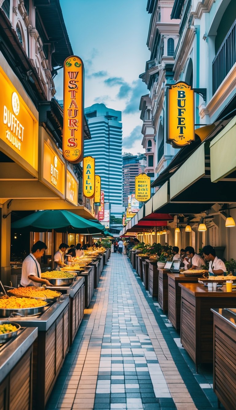 A bustling street in Kuala Lumpur lined with vibrant and diverse buffet restaurants, each offering a unique and enticing spread of local and international cuisine